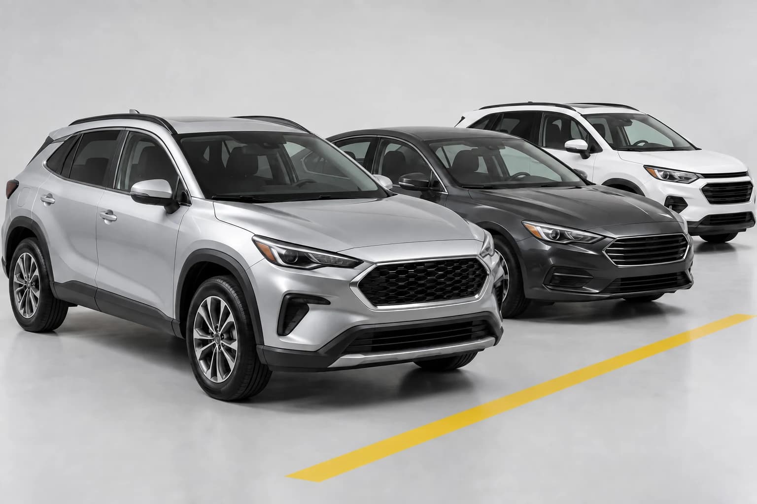 Illustrative lineup of silver, charcoal and white vehicles; not actual PURR inventory.